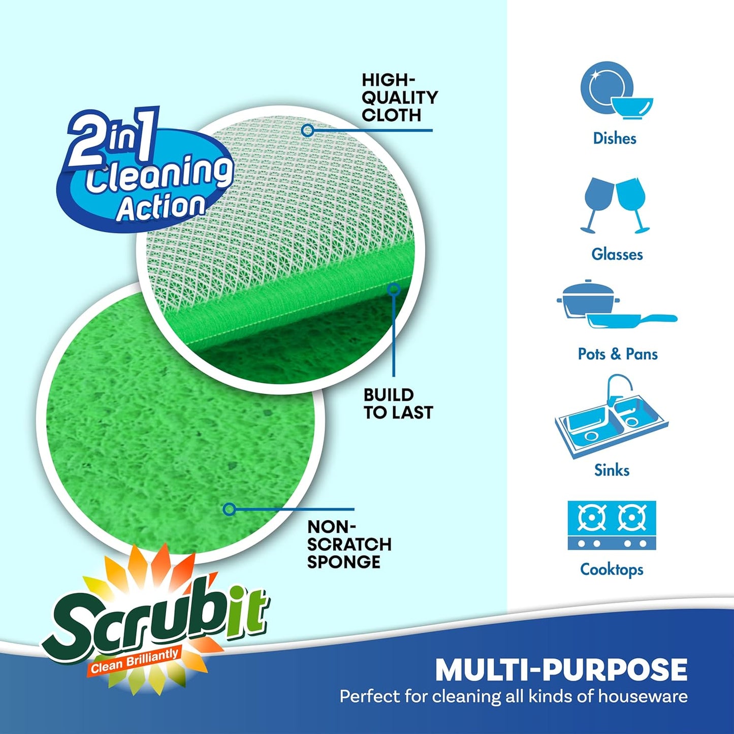 Scrub and Wipe Cleaning Pads [10 Pack] – Dual Sided Scouring Pad and Sponge - Reusable Kitchen Scrubbing Sponges for Dishes, Pots, Pans Utensils & Non-Stick Cookware (Yellow)