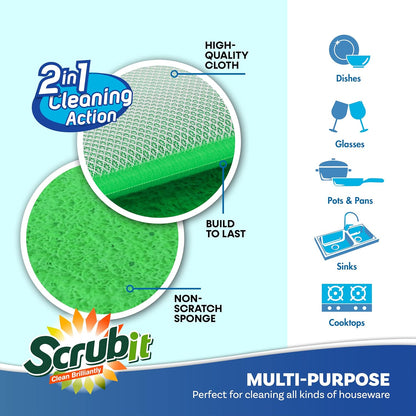 Scrub and Wipe Cleaning Pads [10 Pack] – Dual Sided Scouring Pad and Sponge - Reusable Kitchen Scrubbing Sponges for Dishes, Pots, Pans Utensils & Non-Stick Cookware (Yellow)