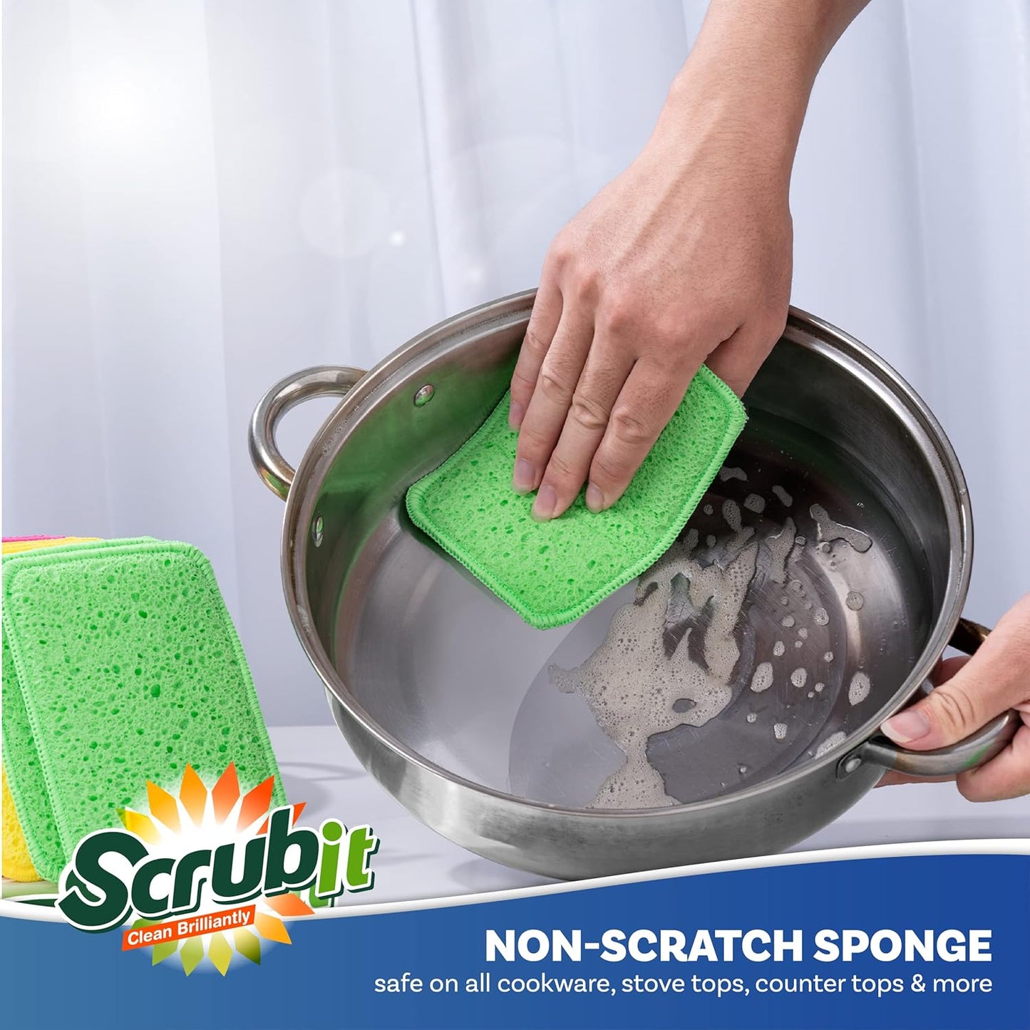 Scrub and Wipe Cleaning Pads [10 Pack] – Dual Sided Scouring Pad and Sponge - Reusable Kitchen Scrubbing Sponges for Dishes, Pots, Pans Utensils & Non-Stick Cookware (Yellow)