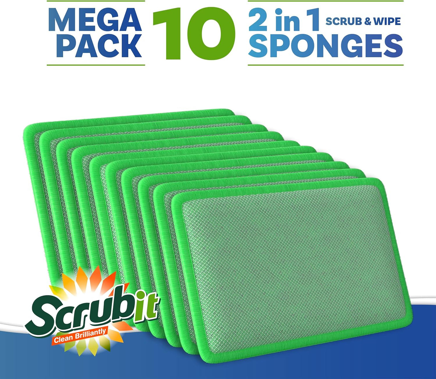 Scrub and Wipe Cleaning Pads [10 Pack] – Dual Sided Scouring Pad and Sponge - Reusable Kitchen Scrubbing Sponges for Dishes, Pots, Pans Utensils & Non-Stick Cookware (Yellow)