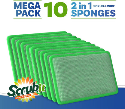 Scrub and Wipe Cleaning Pads [10 Pack] – Dual Sided Scouring Pad and Sponge - Reusable Kitchen Scrubbing Sponges for Dishes, Pots, Pans Utensils & Non-Stick Cookware (Yellow)