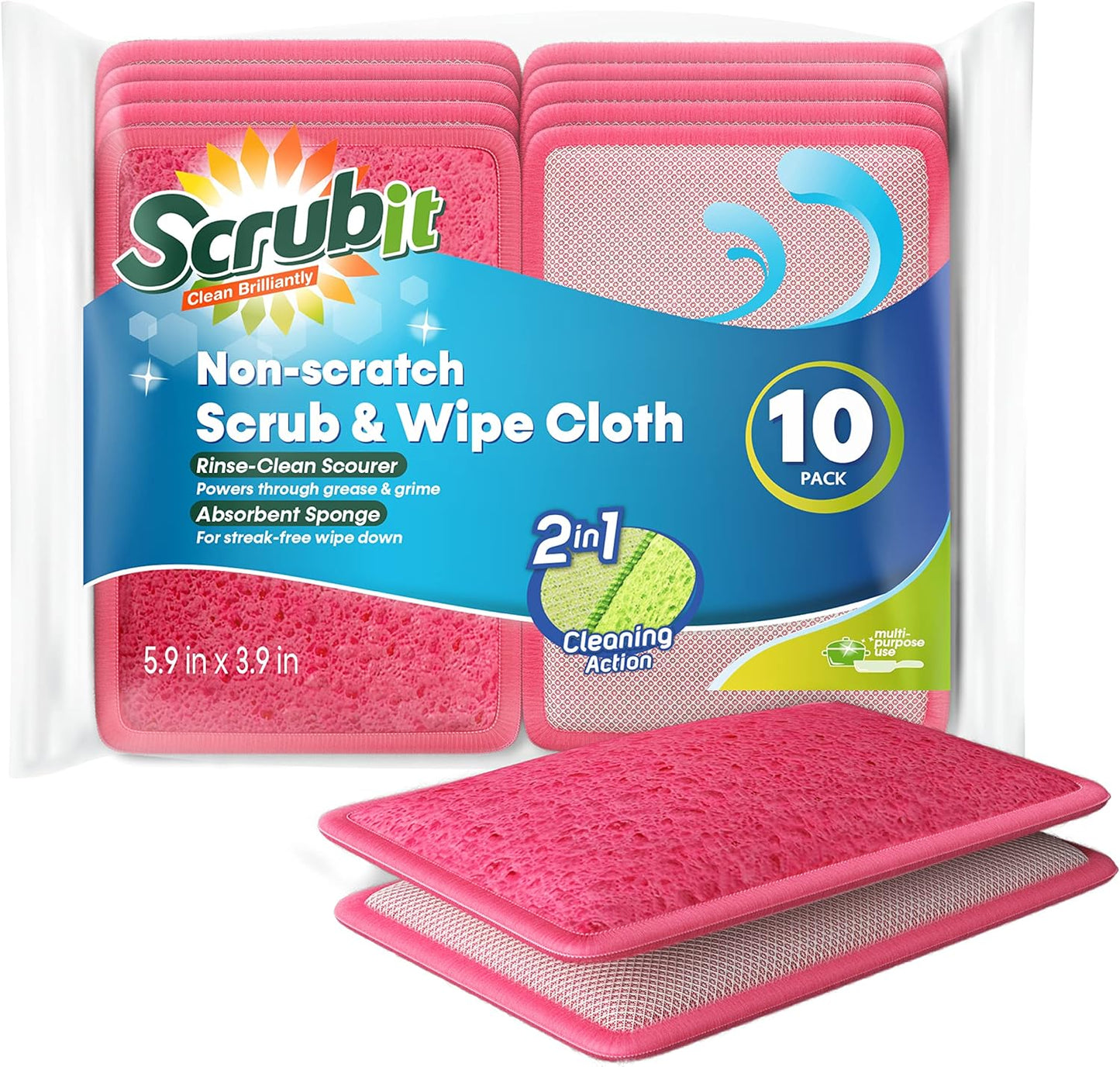 Scrub and Wipe Cleaning Pads [10 Pack] – Dual Sided Scouring Pad and Sponge - Reusable Kitchen Scrubbing Sponges for Dishes, Pots, Pans Utensils & Non-Stick Cookware (Yellow)