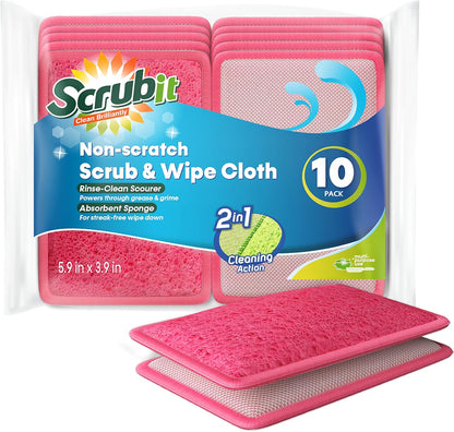 Scrub and Wipe Cleaning Pads [10 Pack] – Dual Sided Scouring Pad and Sponge - Reusable Kitchen Scrubbing Sponges for Dishes, Pots, Pans Utensils & Non-Stick Cookware (Yellow)