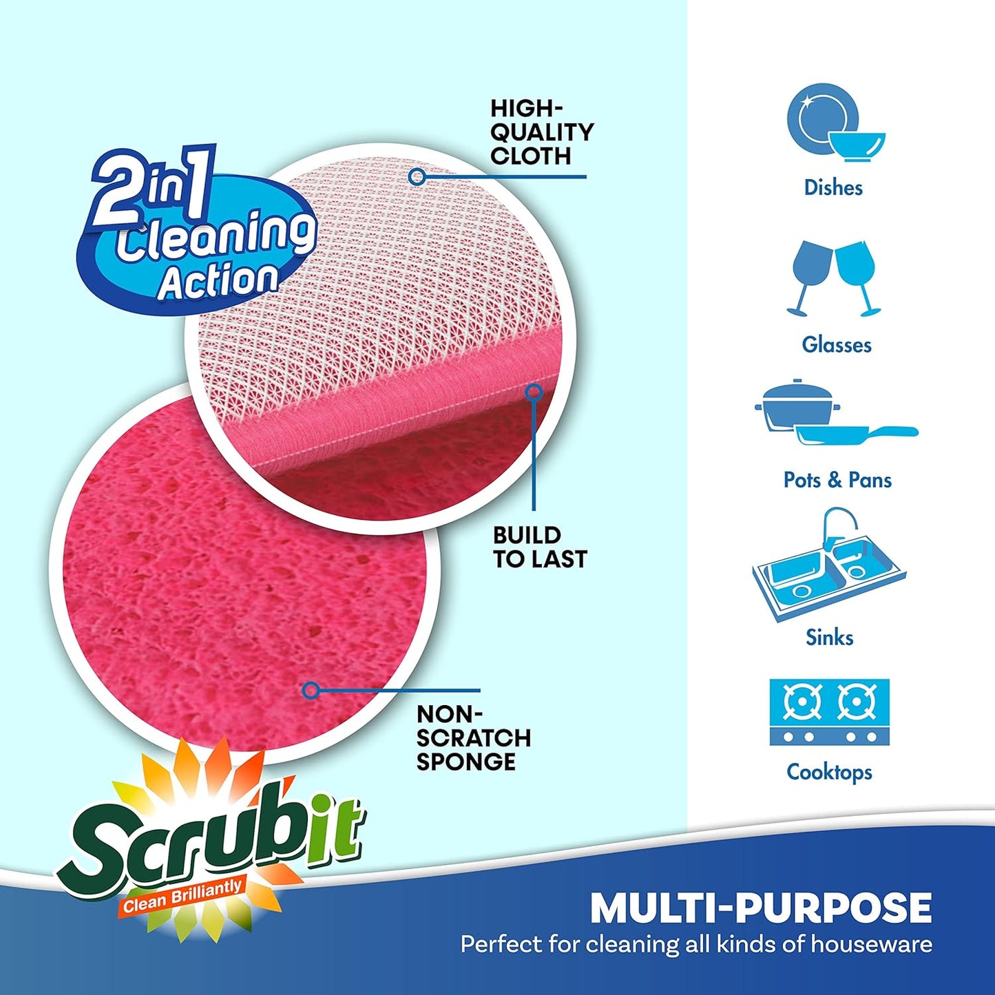 Scrub and Wipe Cleaning Pads [10 Pack] – Dual Sided Scouring Pad and Sponge - Reusable Kitchen Scrubbing Sponges for Dishes, Pots, Pans Utensils & Non-Stick Cookware (Yellow)