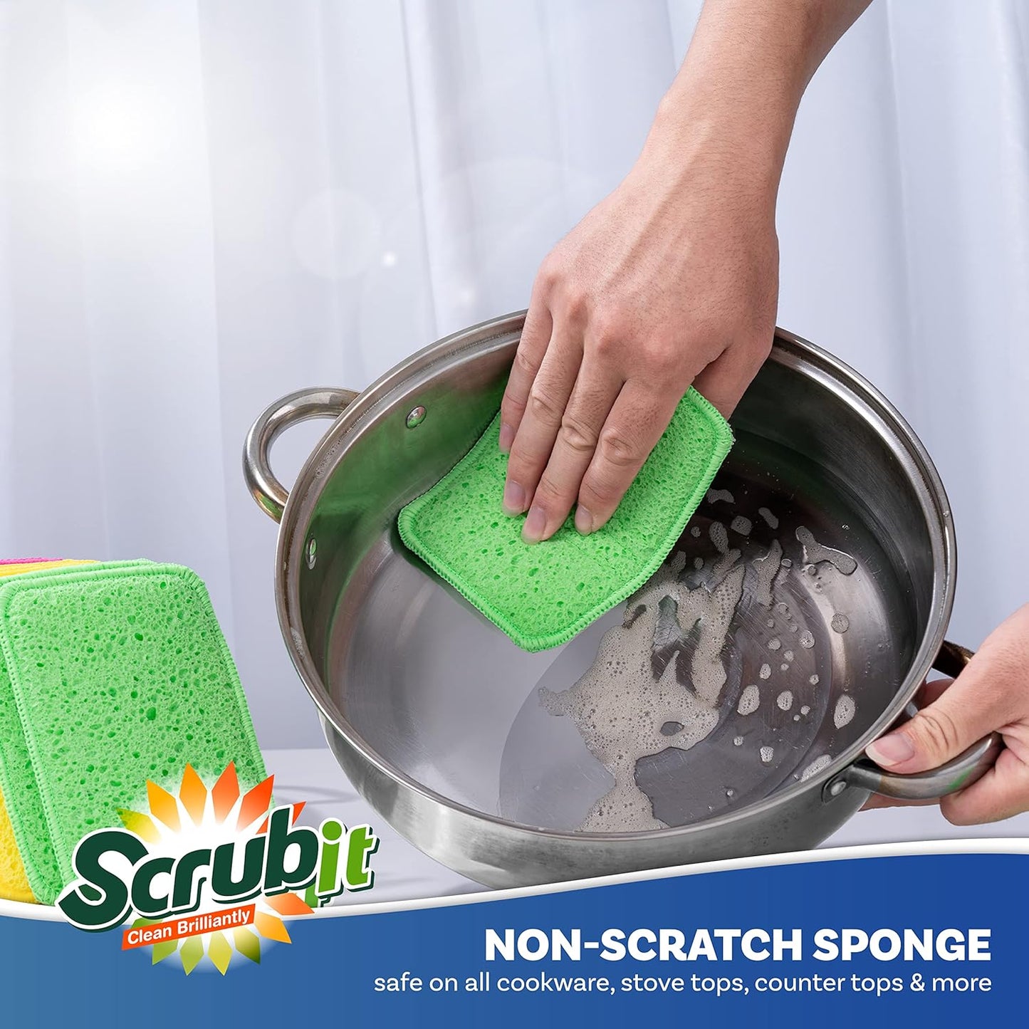 Scrub and Wipe Cleaning Pads [10 Pack] – Dual Sided Scouring Pad and Sponge - Reusable Kitchen Scrubbing Sponges for Dishes, Pots, Pans Utensils & Non-Stick Cookware (Yellow)