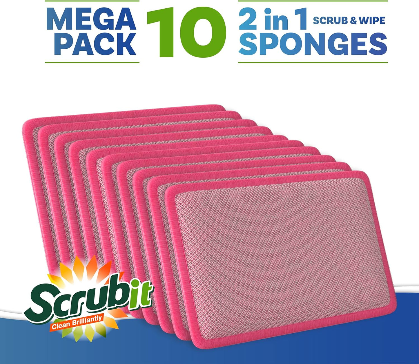 Scrub and Wipe Cleaning Pads [10 Pack] – Dual Sided Scouring Pad and Sponge - Reusable Kitchen Scrubbing Sponges for Dishes, Pots, Pans Utensils & Non-Stick Cookware (Yellow)
