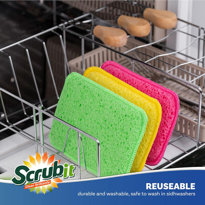Scrub and Wipe Cleaning Pads [10 Pack] – Dual Sided Scouring Pad and Sponge - Reusable Kitchen Scrubbing Sponges for Dishes, Pots, Pans Utensils & Non-Stick Cookware (Yellow)