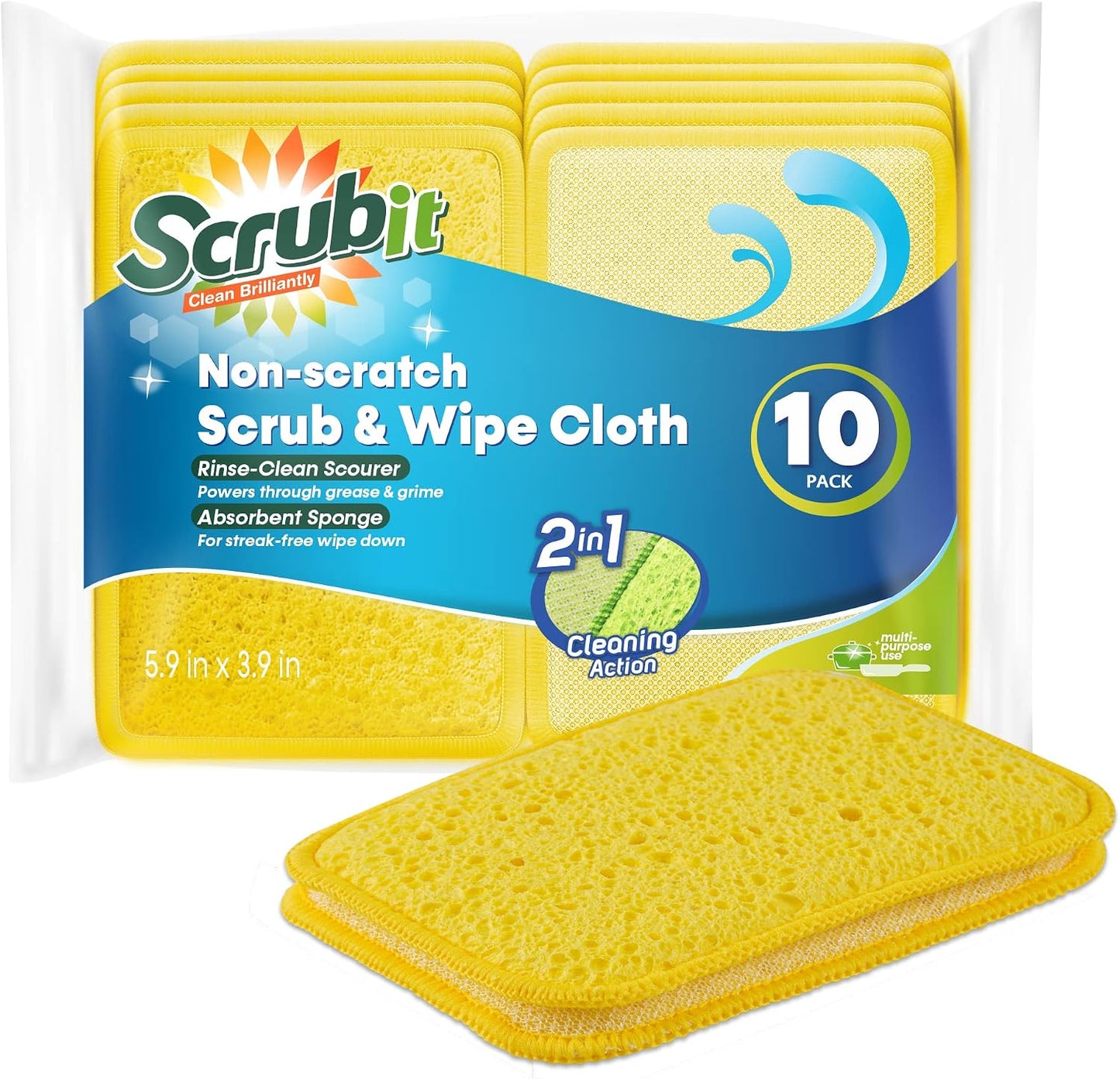 Scrub and Wipe Cleaning Pads [10 Pack] – Dual Sided Scouring Pad and Sponge - Reusable Kitchen Scrubbing Sponges for Dishes, Pots, Pans Utensils & Non-Stick Cookware (Yellow)