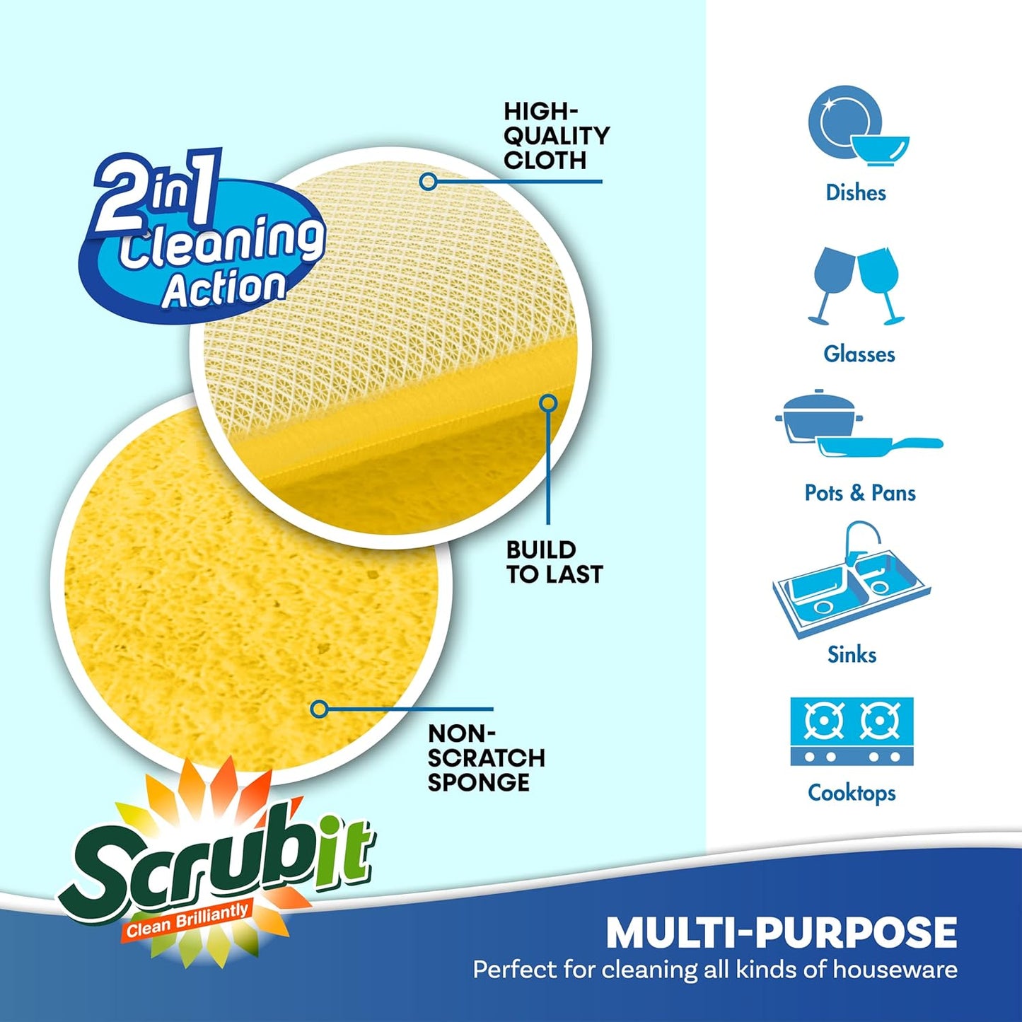 Scrub and Wipe Cleaning Pads [10 Pack] – Dual Sided Scouring Pad and Sponge - Reusable Kitchen Scrubbing Sponges for Dishes, Pots, Pans Utensils & Non-Stick Cookware (Yellow)
