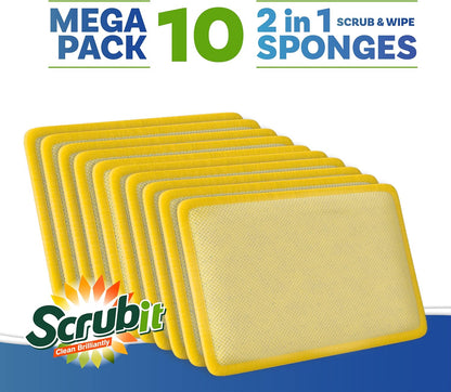 Scrub and Wipe Cleaning Pads [10 Pack] – Dual Sided Scouring Pad and Sponge - Reusable Kitchen Scrubbing Sponges for Dishes, Pots, Pans Utensils & Non-Stick Cookware (Yellow)