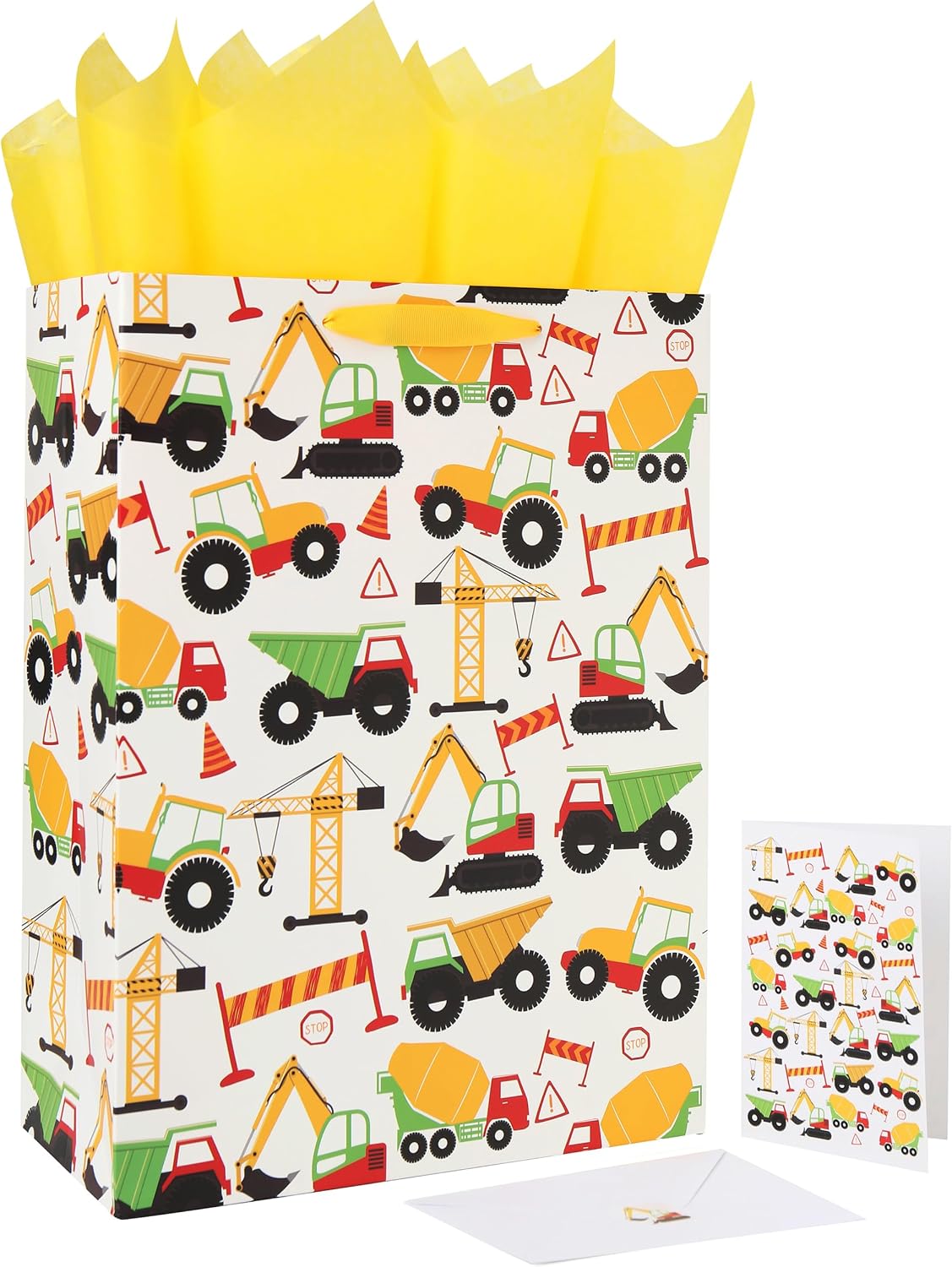 16.5” Extra Large Vehicle-themed Gift Bags Set with Greeting Card and Tissue Paper (Yellow Car Design) for boys, Kids Birthday Party, Baby boy, Baby Shower, Newborn, New Moms or Parents