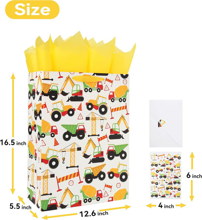 16.5” Extra Large Vehicle-themed Gift Bags Set with Greeting Card and Tissue Paper (Yellow Car Design) for boys, Kids Birthday Party, Baby boy, Baby Shower, Newborn, New Moms or Parents