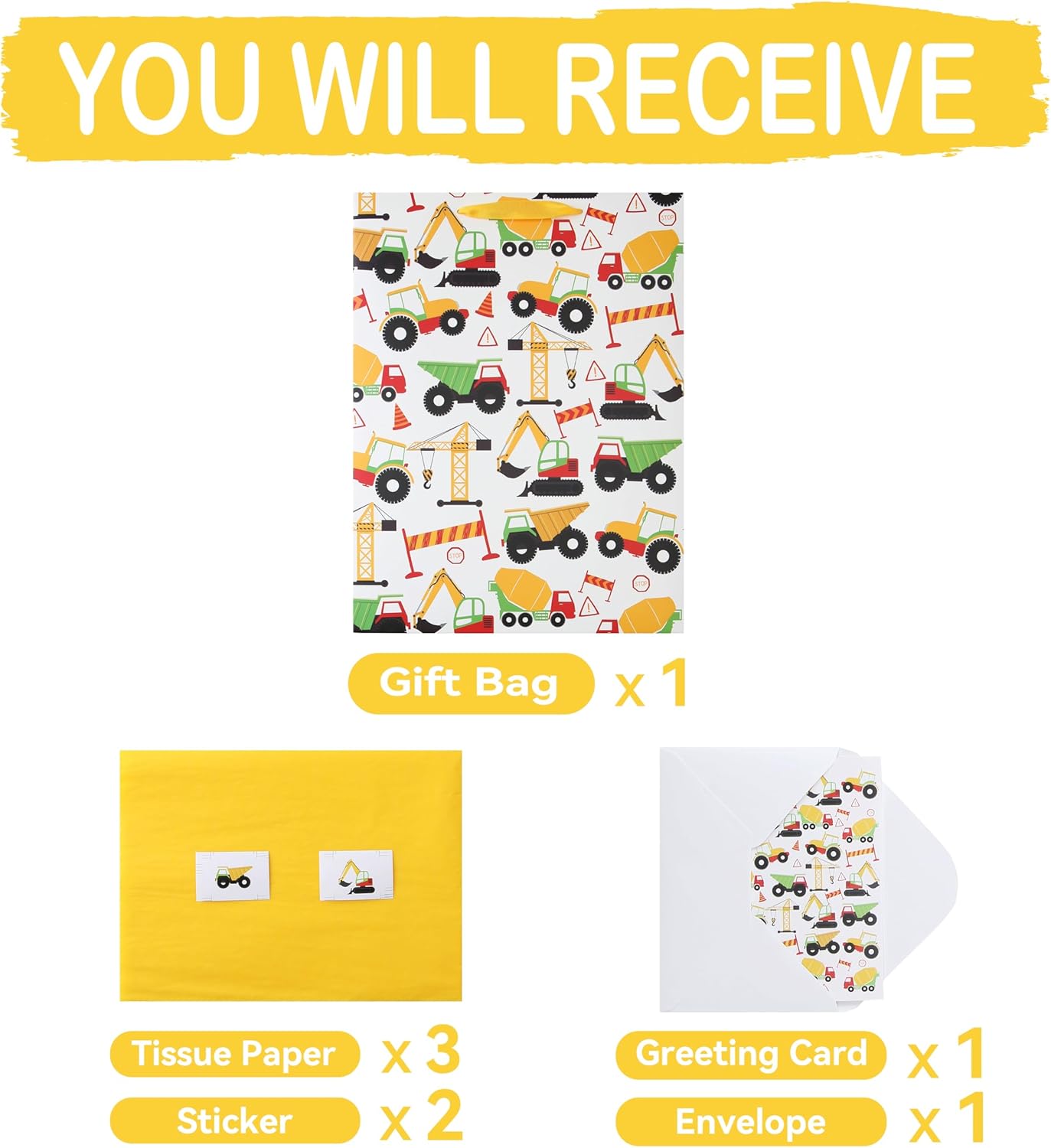 16.5” Extra Large Vehicle-themed Gift Bags Set with Greeting Card and Tissue Paper (Yellow Car Design) for boys, Kids Birthday Party, Baby boy, Baby Shower, Newborn, New Moms or Parents