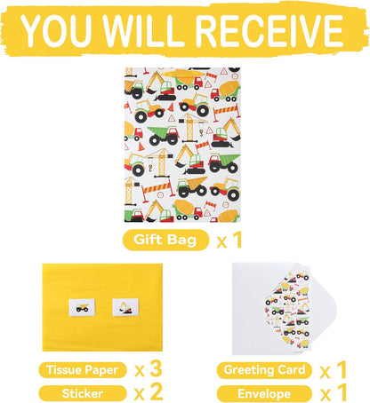 16.5” Extra Large Vehicle-themed Gift Bags Set with Greeting Card and Tissue Paper (Yellow Car Design) for boys, Kids Birthday Party, Baby boy, Baby Shower, Newborn, New Moms or Parents