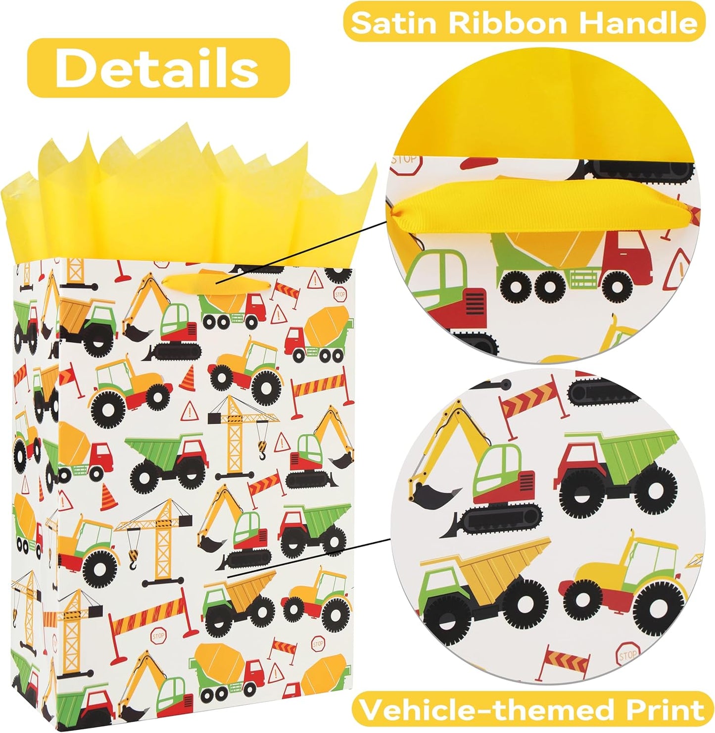 16.5” Extra Large Vehicle-themed Gift Bags Set with Greeting Card and Tissue Paper (Yellow Car Design) for boys, Kids Birthday Party, Baby boy, Baby Shower, Newborn, New Moms or Parents