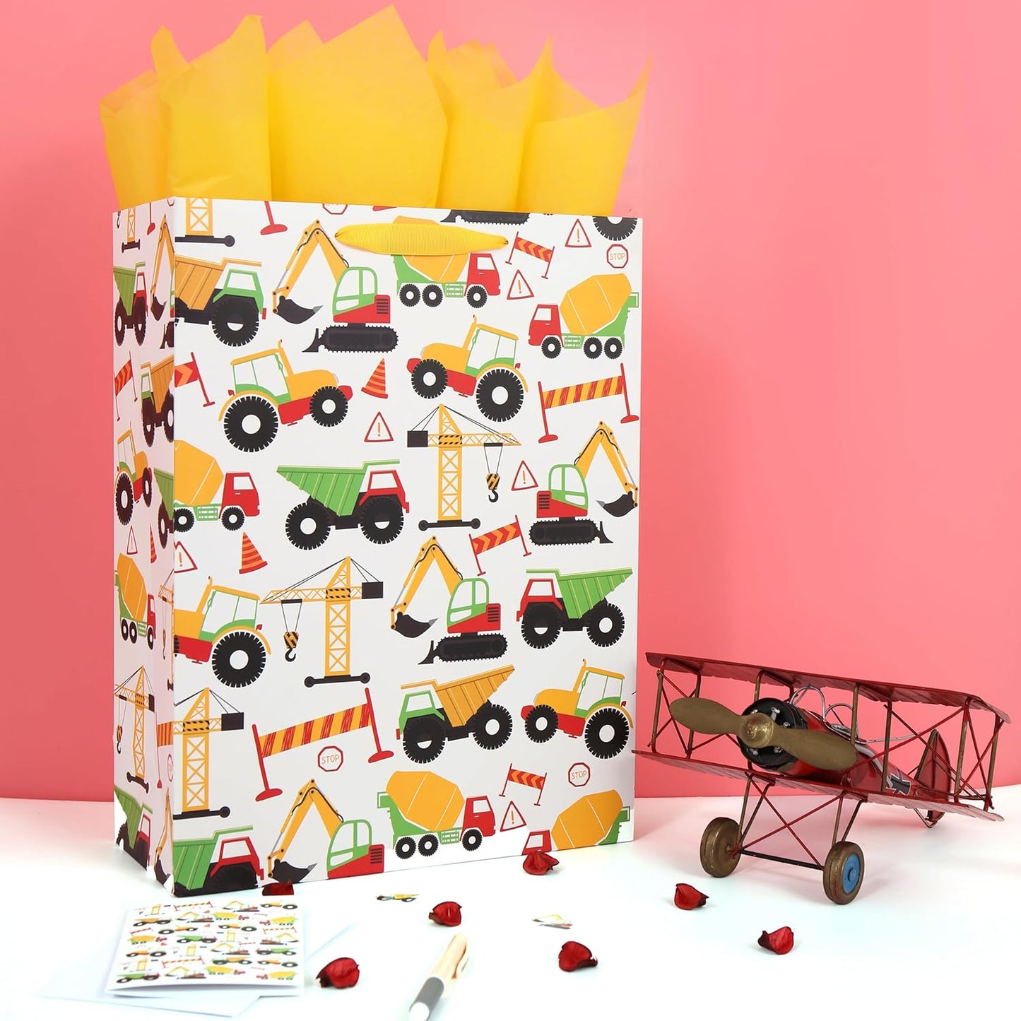 16.5” Extra Large Vehicle-themed Gift Bags Set with Greeting Card and Tissue Paper (Yellow Car Design) for boys, Kids Birthday Party, Baby boy, Baby Shower, Newborn, New Moms or Parents