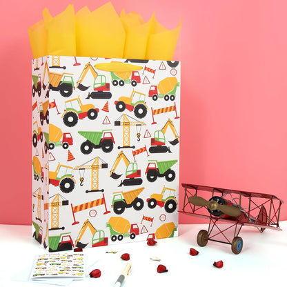 16.5” Extra Large Vehicle-themed Gift Bags Set with Greeting Card and Tissue Paper (Yellow Car Design) for boys, Kids Birthday Party, Baby boy, Baby Shower, Newborn, New Moms or Parents
