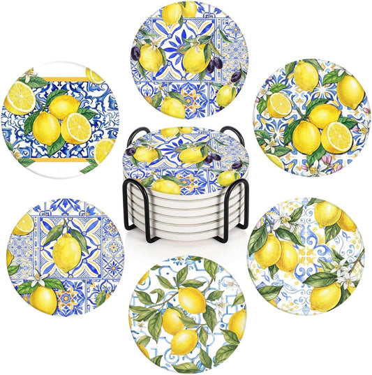 Coasters for Drinks Set of 6, Yellow Lemon Fruit Blue Ceramic Pattern Absorbent Round Ceramic Stone Mat, with Cork Base and Metal Holder, Gift for Housewarming Room Bar Decor
