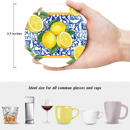 Coasters for Drinks Set of 6, Yellow Lemon Fruit Blue Ceramic Pattern Absorbent Round Ceramic Stone Mat, with Cork Base and Metal Holder, Gift for Housewarming Room Bar Decor