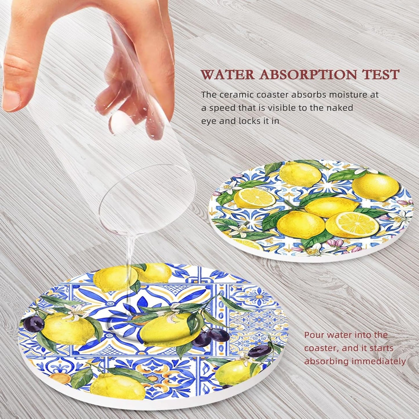Coasters for Drinks Set of 6, Yellow Lemon Fruit Blue Ceramic Pattern Absorbent Round Ceramic Stone Mat, with Cork Base and Metal Holder, Gift for Housewarming Room Bar Decor