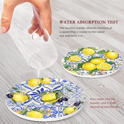 Coasters for Drinks Set of 6, Yellow Lemon Fruit Blue Ceramic Pattern Absorbent Round Ceramic Stone Mat, with Cork Base and Metal Holder, Gift for Housewarming Room Bar Decor