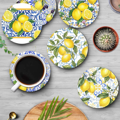 Coasters for Drinks Set of 6, Yellow Lemon Fruit Blue Ceramic Pattern Absorbent Round Ceramic Stone Mat, with Cork Base and Metal Holder, Gift for Housewarming Room Bar Decor