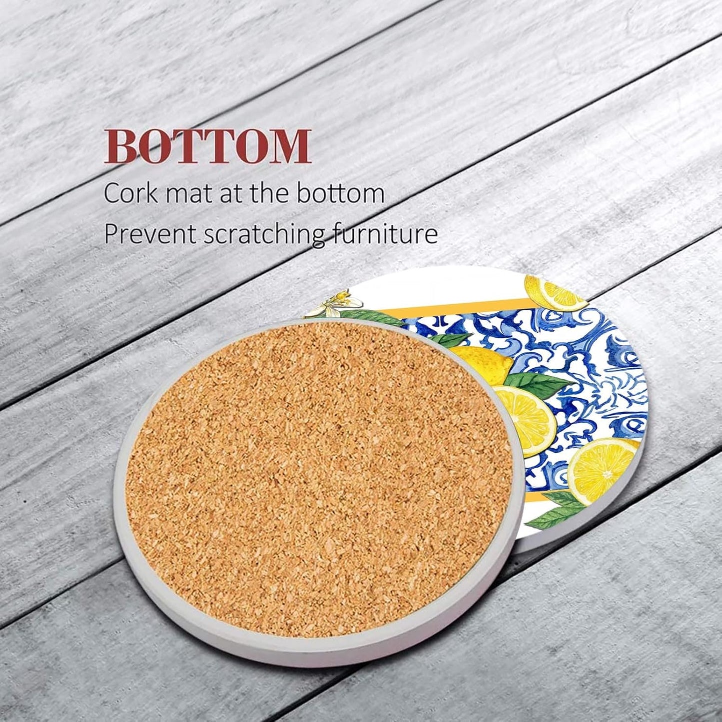 Coasters for Drinks Set of 6, Yellow Lemon Fruit Blue Ceramic Pattern Absorbent Round Ceramic Stone Mat, with Cork Base and Metal Holder, Gift for Housewarming Room Bar Decor