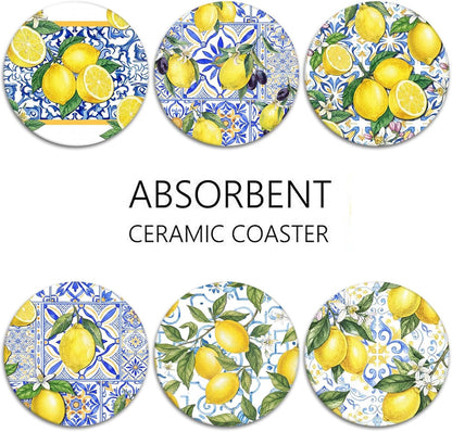 Coasters for Drinks Set of 6, Yellow Lemon Fruit Blue Ceramic Pattern Absorbent Round Ceramic Stone Mat, with Cork Base and Metal Holder, Gift for Housewarming Room Bar Decor