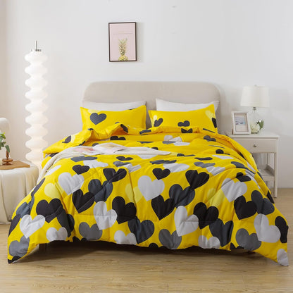 Farmhouse Yellow King Size Comforter Set 3 Pieces Bedding Set with Black Heart All Season Fluffy Soft Lightweight(1 Comforter & 2 Pillowshams)