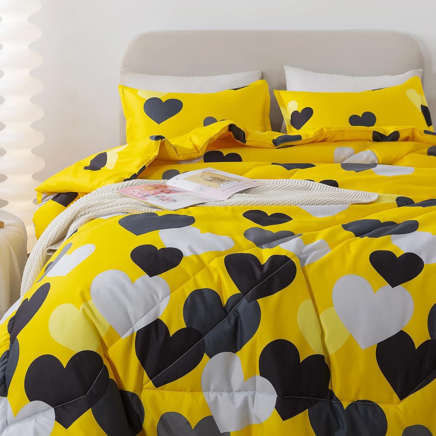 Farmhouse Yellow King Size Comforter Set 3 Pieces Bedding Set with Black Heart All Season Fluffy Soft Lightweight(1 Comforter & 2 Pillowshams)