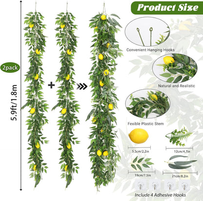 2Pcs Artificial Ivy Vines with Lemon&Willow&Eucalyptus&Fern 5.9Ft | No Fade,No Maintenance,Fake Italian Ruscus Leaves Rattan for Indoor Outdoor Home Patio Garden Wedding Bar Beach Summer Decor