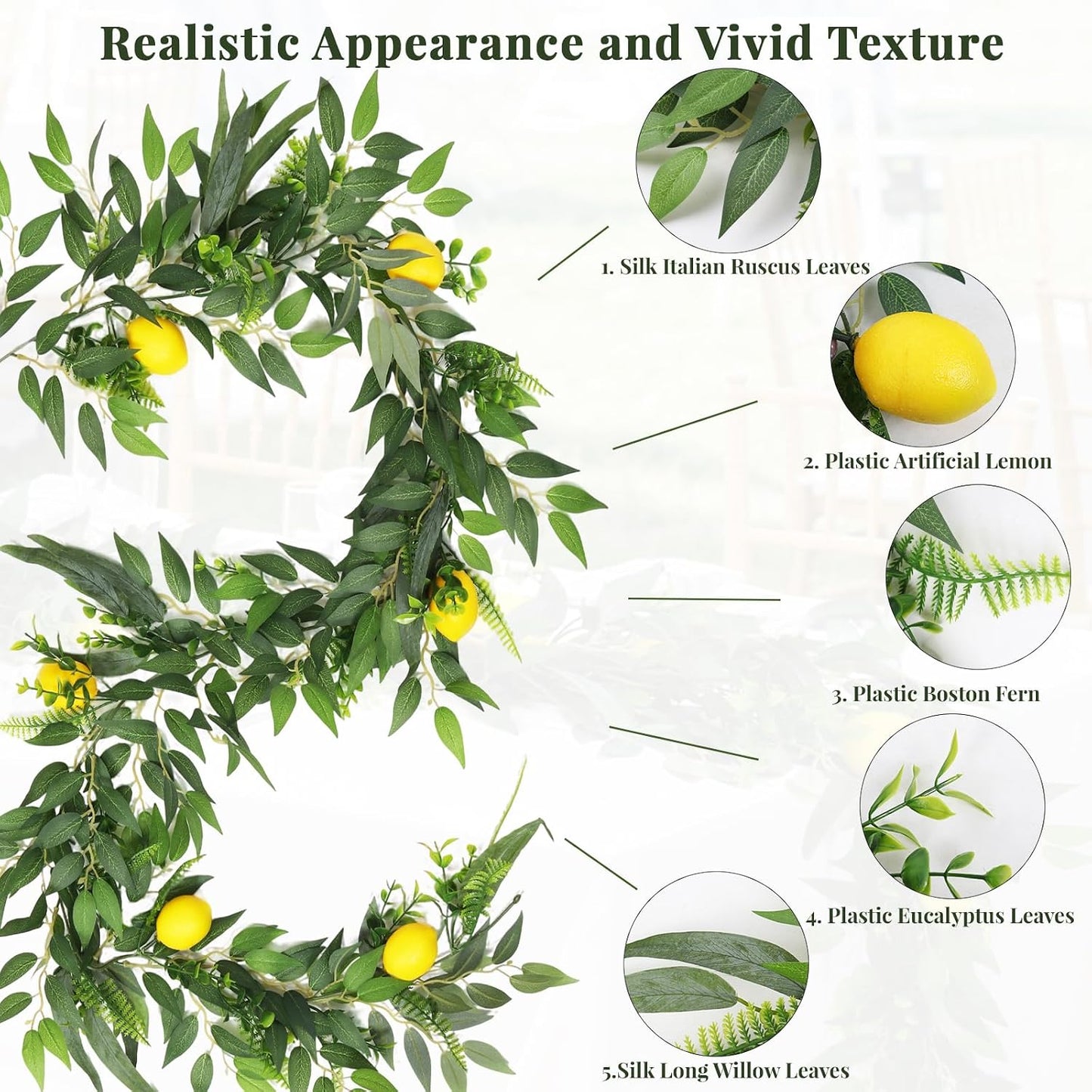 2Pcs Artificial Ivy Vines with Lemon&Willow&Eucalyptus&Fern 5.9Ft | No Fade,No Maintenance,Fake Italian Ruscus Leaves Rattan for Indoor Outdoor Home Patio Garden Wedding Bar Beach Summer Decor