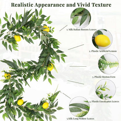 2Pcs Artificial Ivy Vines with Lemon&Willow&Eucalyptus&Fern 5.9Ft | No Fade,No Maintenance,Fake Italian Ruscus Leaves Rattan for Indoor Outdoor Home Patio Garden Wedding Bar Beach Summer Decor