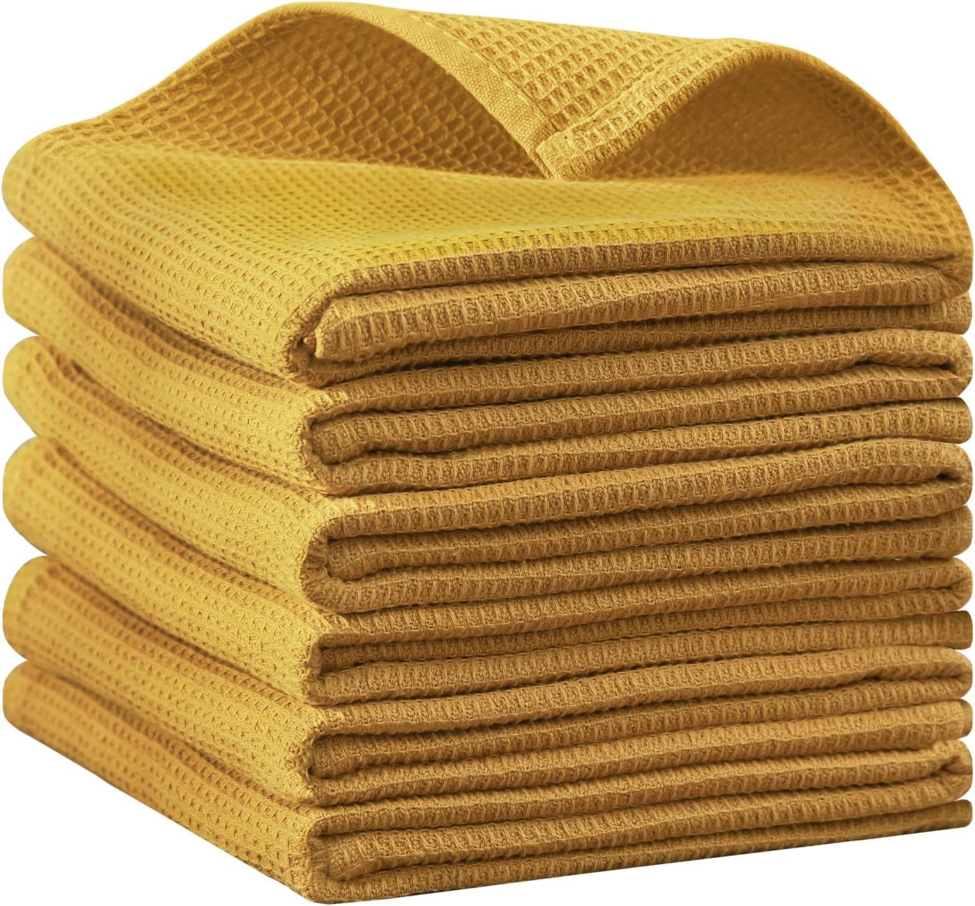 Dish Towels Set, 100% Cotton Waffle Weave Kitchen Towels 6 Pack, 17 x 25 Inches, Super Absorbent for Drying and Cleaning, Mustard Yellow