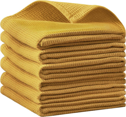 Dish Towels Set, 100% Cotton Waffle Weave Kitchen Towels 6 Pack, 17 x 25 Inches, Super Absorbent for Drying and Cleaning, Mustard Yellow