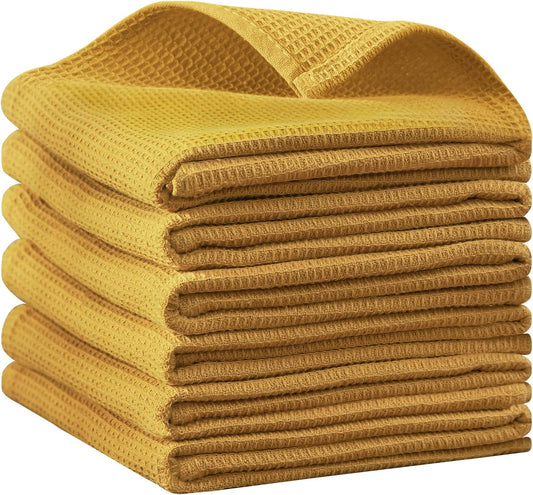 Dish Towels Set, 100% Cotton Waffle Weave Kitchen Towels 6 Pack, 17 x 25 Inches, Super Absorbent for Drying and Cleaning, Mustard Yellow
