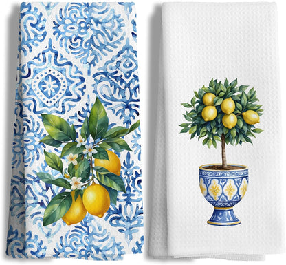 Chinoiserie Lemon Kitchen Hand Towels Decorative Set of 2 for Bathroom, Chinoiserie Lemon Kitchen Bathroom Decor and Accessories, 16x24 Inch