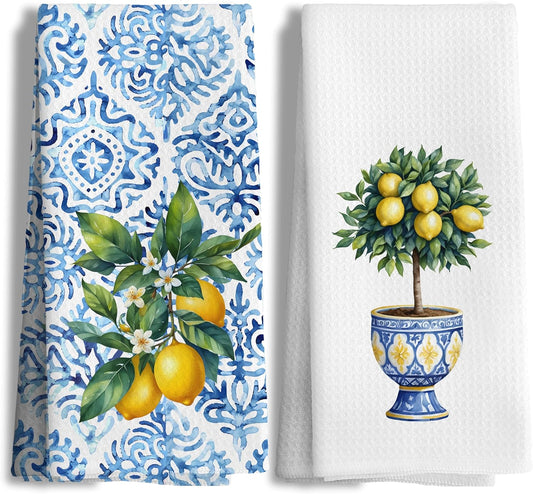 Chinoiserie Lemon Kitchen Hand Towels Decorative Set of 2 for Bathroom, Chinoiserie Lemon Kitchen Bathroom Decor and Accessories, 16x24 Inch