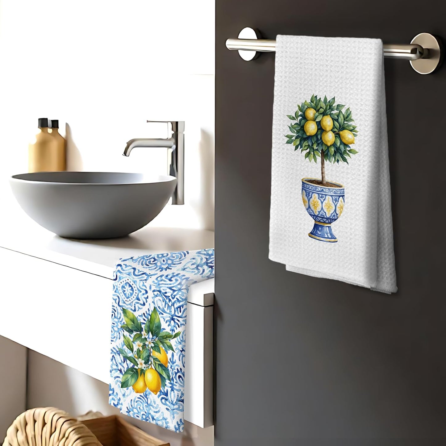 Chinoiserie Lemon Kitchen Hand Towels Decorative Set of 2 for Bathroom, Chinoiserie Lemon Kitchen Bathroom Decor and Accessories, 16x24 Inch