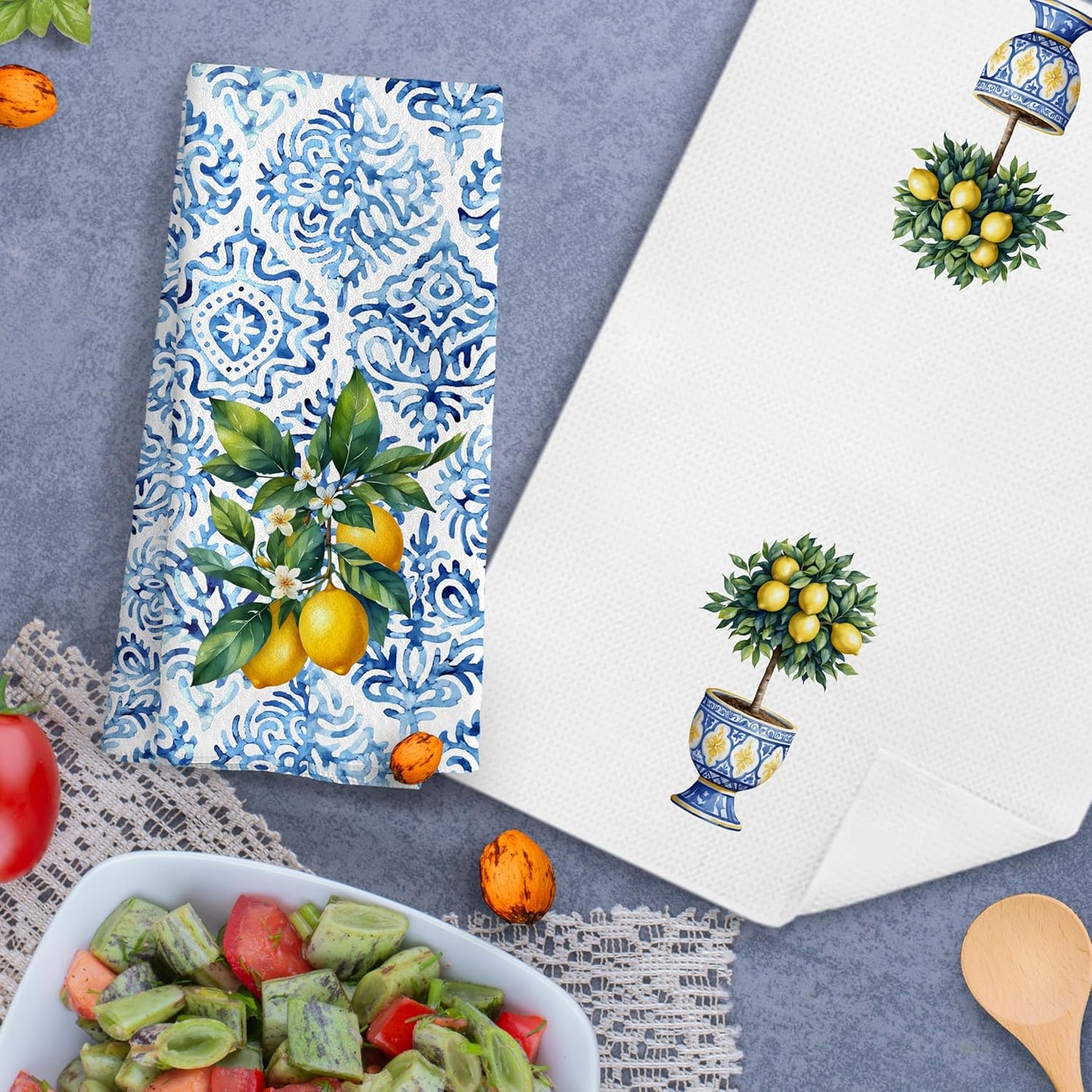Chinoiserie Lemon Kitchen Hand Towels Decorative Set of 2 for Bathroom, Chinoiserie Lemon Kitchen Bathroom Decor and Accessories, 16x24 Inch