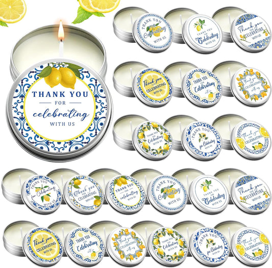 24 Pcs Capri Lemon Candles Favors Italian Lemon Scented Candle Tins with Lids Amalfi Coast Gifts for Mediterranean Wedding Bridal Baby Shower Party Favors Decorations