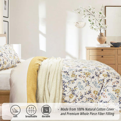 LEMIROE Yellow Floral Cotton Comforter Queen Size - Refreshing Design with Blue, Orange & Slate Gray Botanical Pattern on Off White,3PC Lightweight Bedding Set with Ultra-Soft Alternative Fill (Queen)