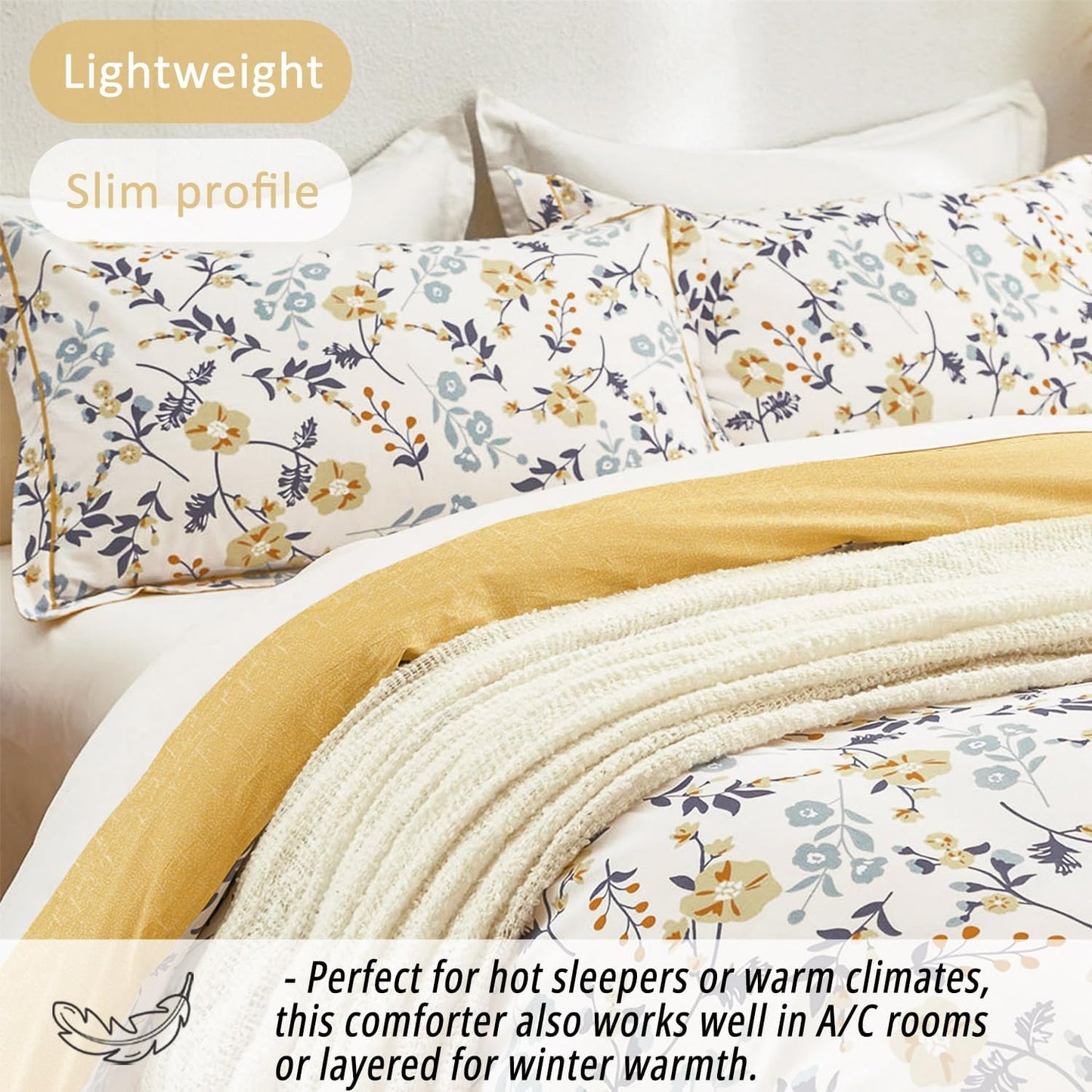 LEMIROE Yellow Floral Cotton Comforter Queen Size - Refreshing Design with Blue, Orange & Slate Gray Botanical Pattern on Off White,3PC Lightweight Bedding Set with Ultra-Soft Alternative Fill (Queen)