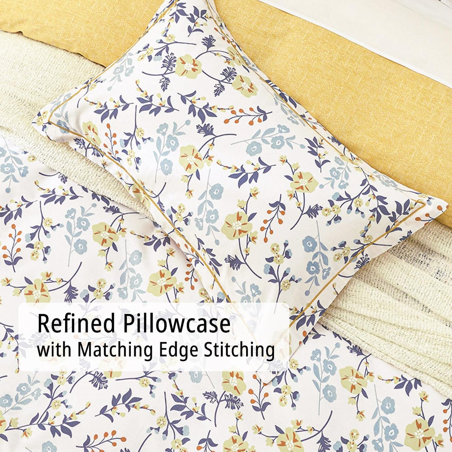 LEMIROE Yellow Floral Cotton Comforter Queen Size - Refreshing Design with Blue, Orange & Slate Gray Botanical Pattern on Off White,3PC Lightweight Bedding Set with Ultra-Soft Alternative Fill (Queen)