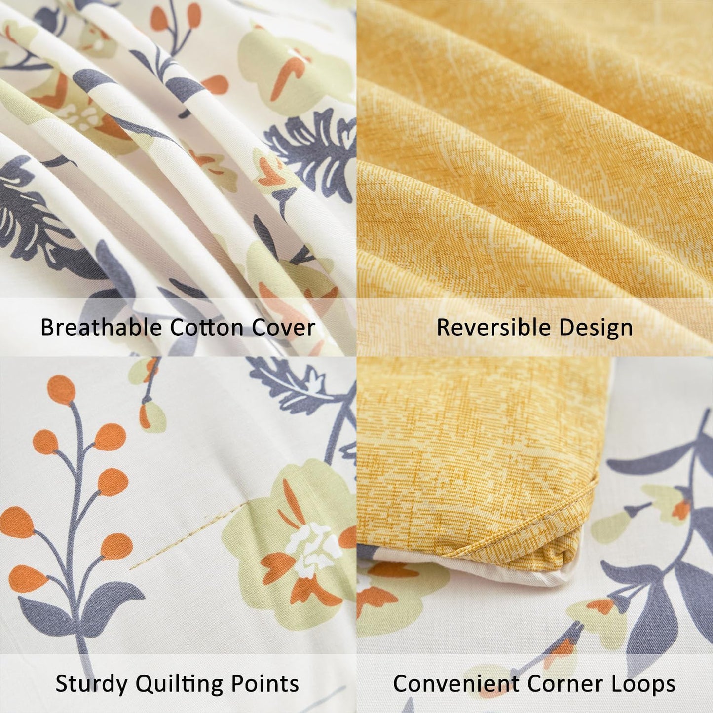 LEMIROE Yellow Floral Cotton Comforter Queen Size - Refreshing Design with Blue, Orange & Slate Gray Botanical Pattern on Off White,3PC Lightweight Bedding Set with Ultra-Soft Alternative Fill (Queen)