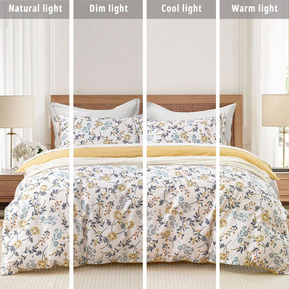 LEMIROE Yellow Floral Cotton Comforter Queen Size - Refreshing Design with Blue, Orange & Slate Gray Botanical Pattern on Off White,3PC Lightweight Bedding Set with Ultra-Soft Alternative Fill (Queen)