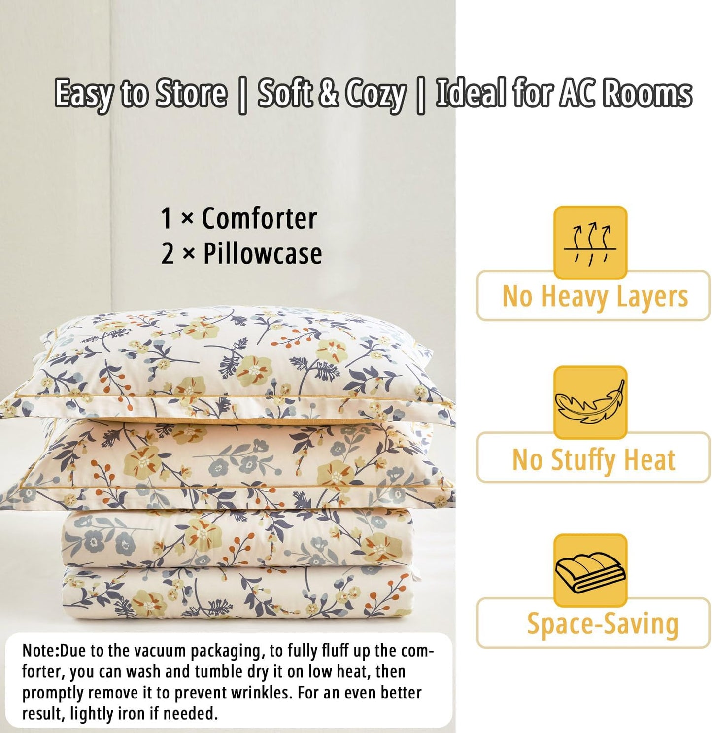 LEMIROE Yellow Floral Cotton Comforter Queen Size - Refreshing Design with Blue, Orange & Slate Gray Botanical Pattern on Off White,3PC Lightweight Bedding Set with Ultra-Soft Alternative Fill (Queen)