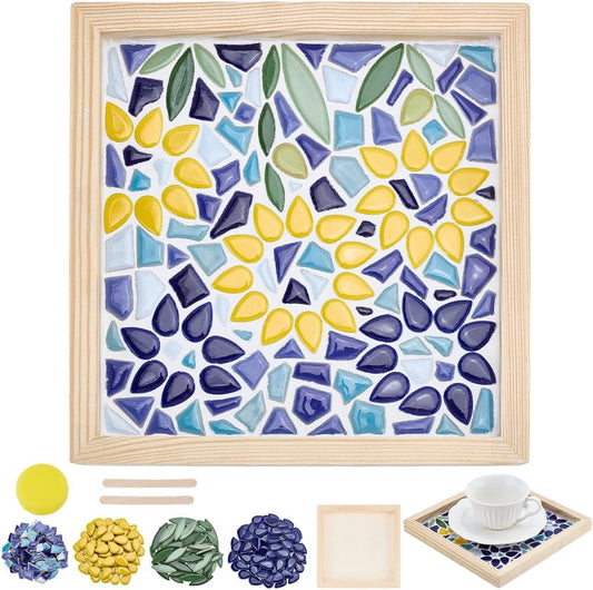 DIY Mosaic Tiles Craft Kit with Square Wooden Tray for Adults, Ceramic Mosaic Starter Kit with Instruction for Beginners Art Craft Kits Home Decor Housewarming Christmas Birthday Gift,8x8 inch