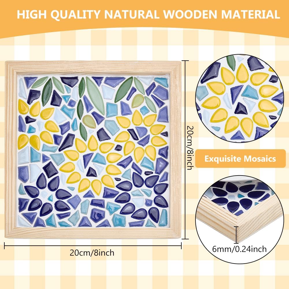 DIY Mosaic Tiles Craft Kit with Square Wooden Tray for Adults, Ceramic Mosaic Starter Kit with Instruction for Beginners Art Craft Kits Home Decor Housewarming Christmas Birthday Gift,8x8 inch
