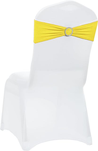 Yellow | Spandex Chair Sashes Bows | 50 PCS | Stretch Elastic Banquet Universal Folding Chair Band Tie with Silver Buckle Slider for Wedding Party Conference Celebration Event Decoration